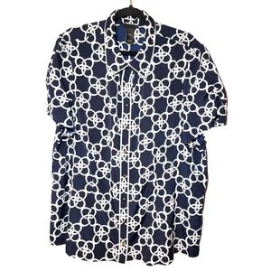 Lane Bryant Blue White Chain Link Button Front Top Ruched Short Sleeves 18/20